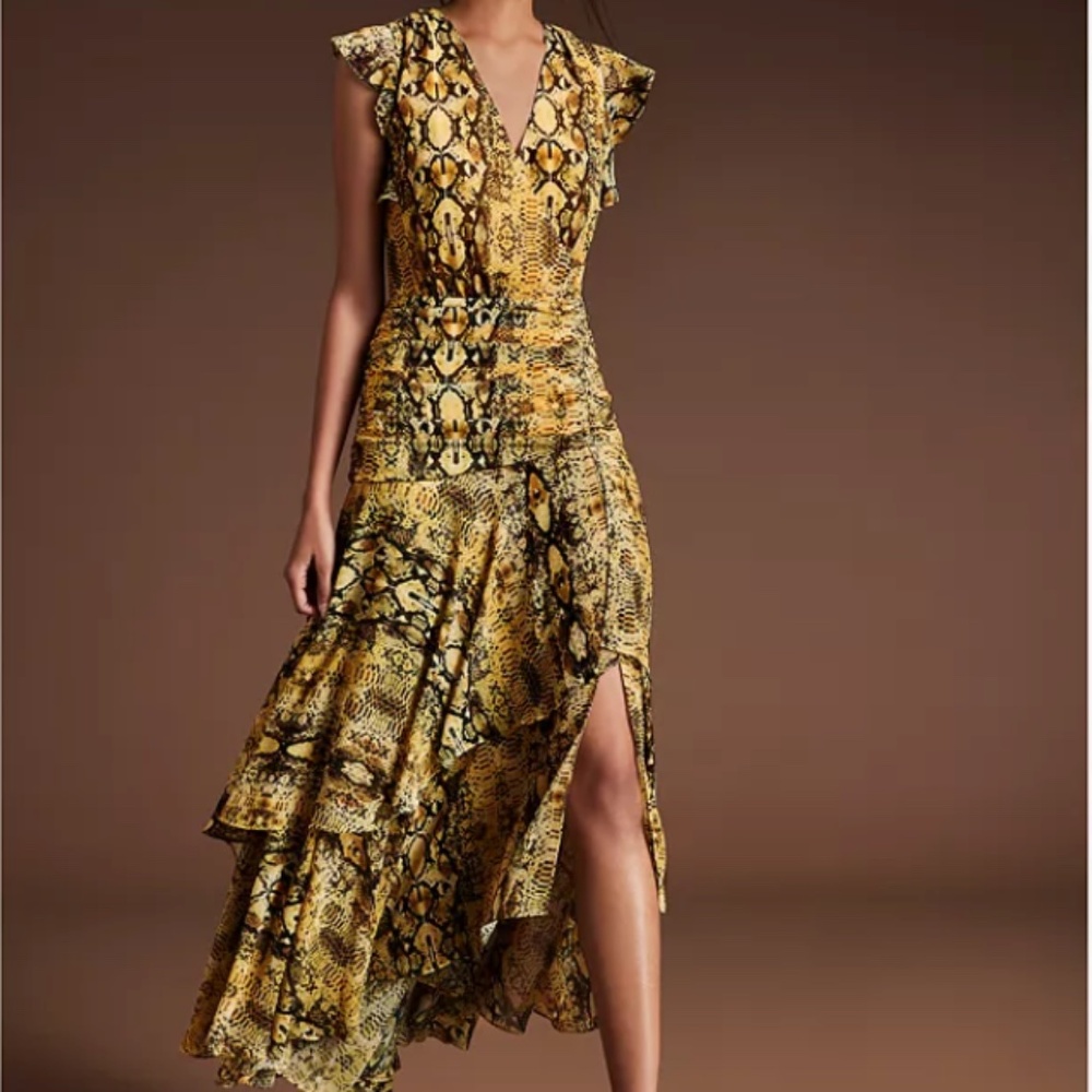 Bar III Ruched Python Printed Maxi Dress yellow size 6